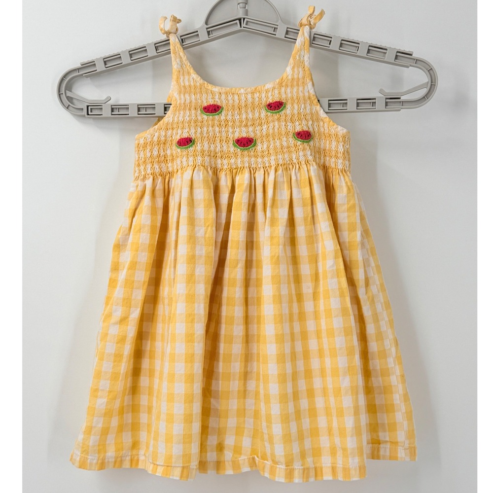 Vtg Gymboree Yellow Gingham Smocked Watermelon Dress‎ sz 18-24 Months 2001 y2k
